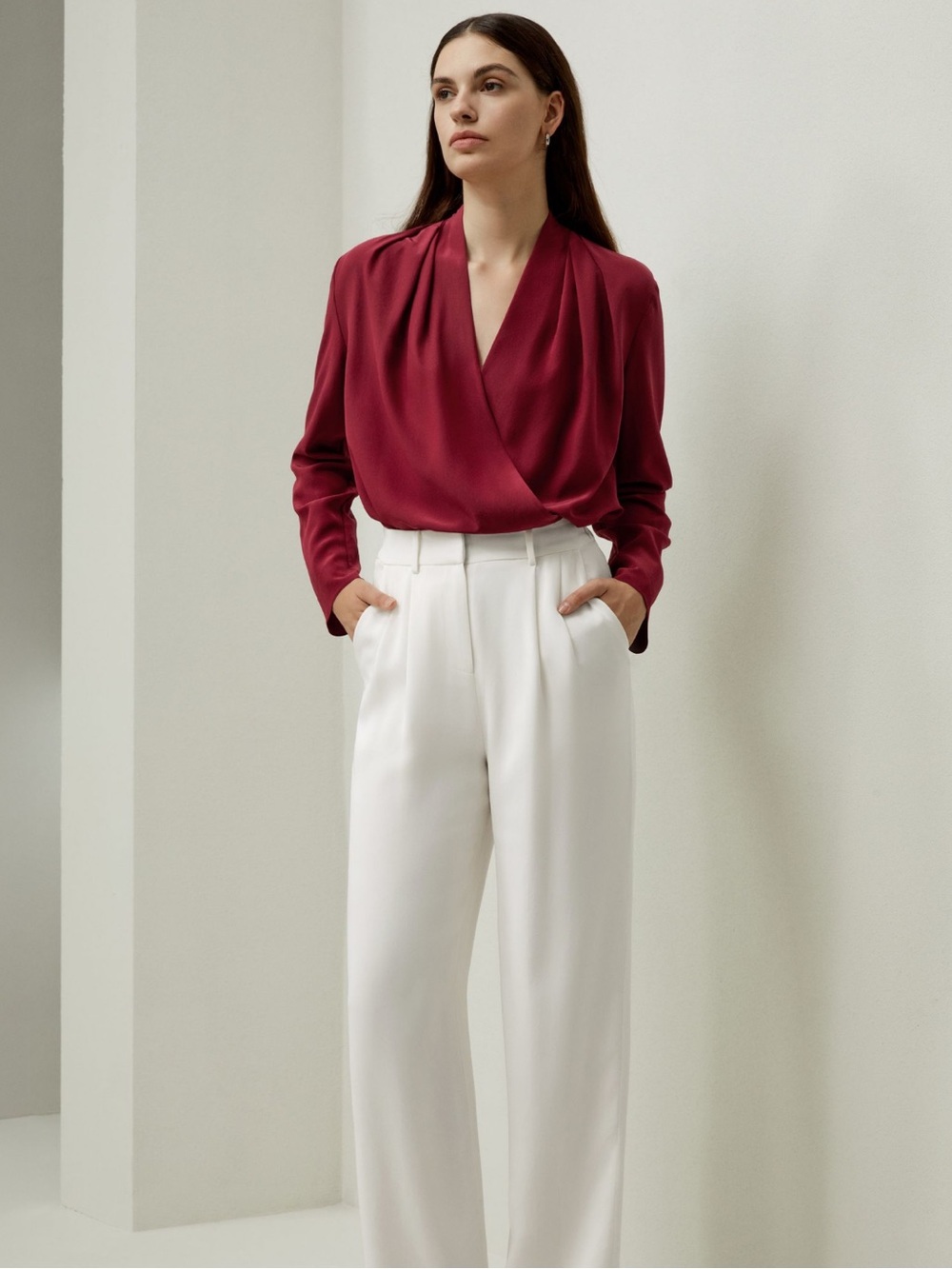 Tahari ASL Draped Wrap Blouse in Wine